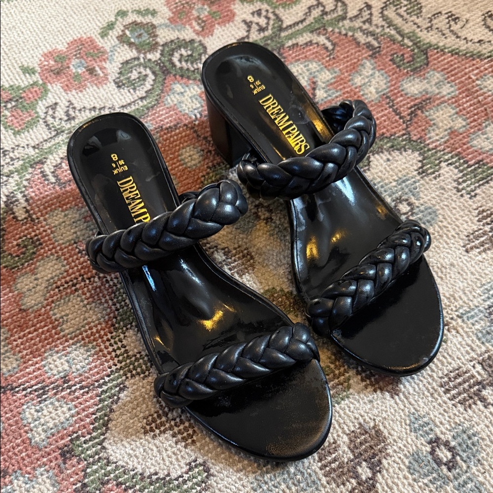 Dream Pairs Black Braided Double-Strap Mule Heels